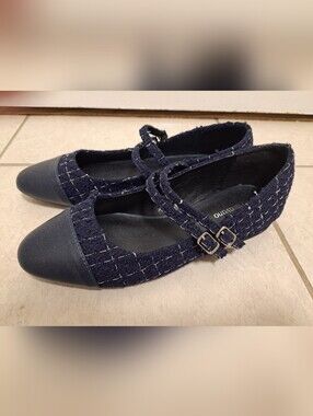C.Paravano Navy Tweed Mary Jane Flats with Double Straps